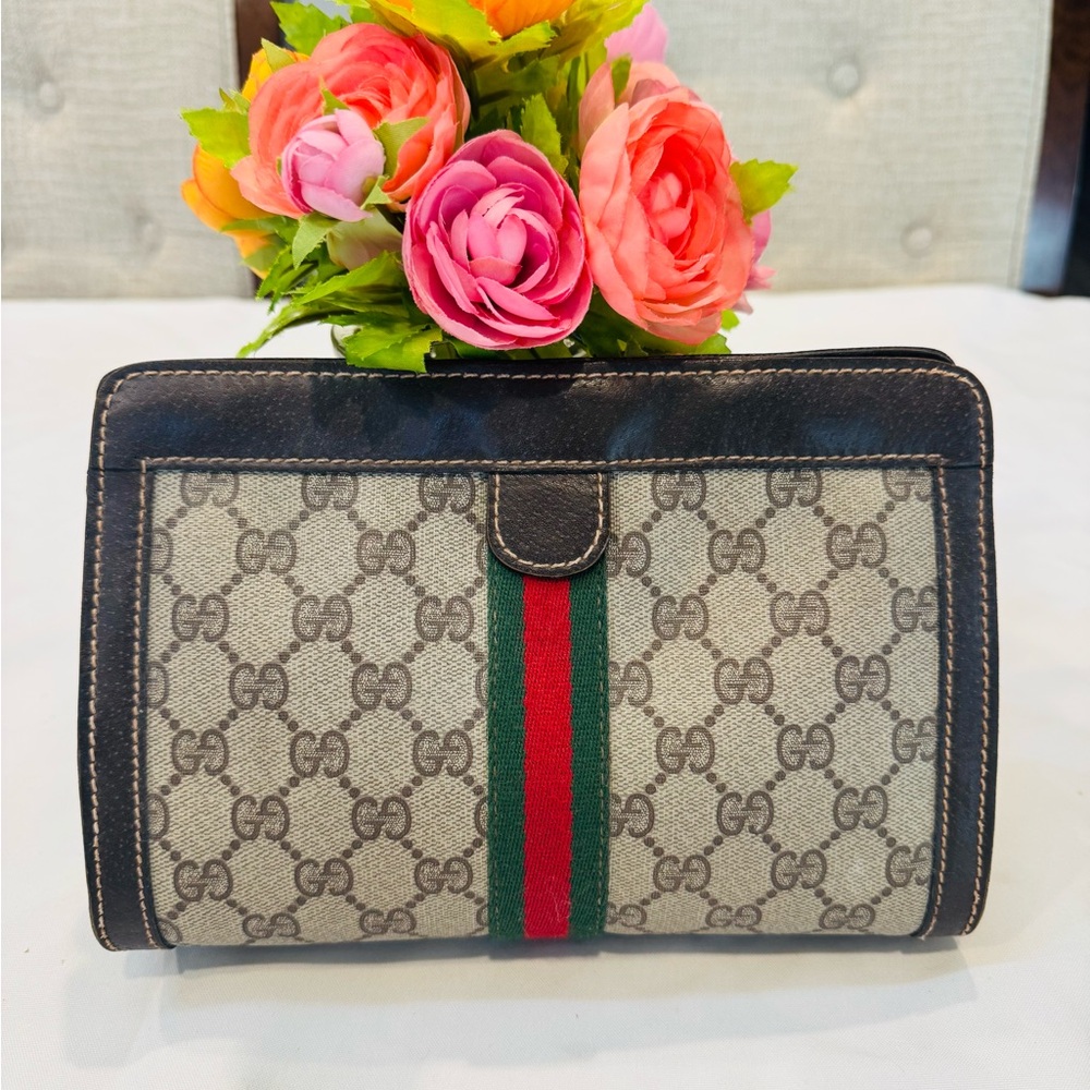 Gucci Beige Monogram Canvas Wallet with Brown Trim and Green-Red Web Stripe - Picture 2 of 8